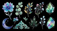 Watercolor botanical clipart set with flowers, leaves, berries, moon, crystals, and ornaments, isolated on transparent background, ready for stickers, sublimation, and print on demand.