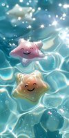 Smiling starfish characters floating in sparkling turquoise water with light bokeh effects and ripples, creating magical underwater atmosphere for children design.