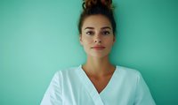 Young female healthcare worker in white medical uniform smiling confidently against turquoise background, representing wellness and professional care services.