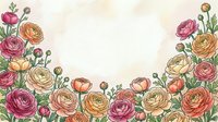 Watercolor ranunculus flowers frame border with pink orange peach blooms on textured paper background for wedding invitations greeting cards.