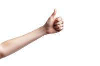 Female hand showing thumbs up gesture against white background, isolated arm silhouette demonstrating positive approval sign, clean cutout for design projects.
