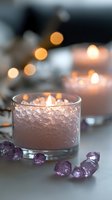 Aromatic candle in glass with crushed ice and amethyst crystals creating peaceful spa atmosphere. Soft bokeh lights and healing stones for meditation space.