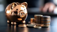 Copper piggy bank with stacked coins on dark surface for financial savings and investment planning concepts.