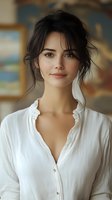 Young Mediterranean woman with dark messy updo hair wearing white button-up shirt smiling gently at camera in soft natural lighting, artistic portrait style.