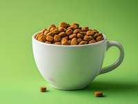 White ceramic cup filled with dry pet food kibbles on green background, few scattered pieces on surface. Minimalist pet care composition.