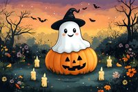 Cute ghost wearing witch hat sitting on carved pumpkin in spooky forest with glowing candles, bats flying against orange sunset sky. Halloween festive scene.