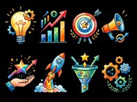 Colorful business and marketing icons set isolated on transparent background, ready for t-shirt design, clipart, stickers, print-on-demand products and sublimation projects.