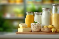 Fresh dairy products and healthy breakfast ingredients on wooden board with glass bottles of milk and juice, oatmeal, butter, ginger and bananas.