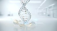 Crystal DNA double helix structure with molecular spheres on white laboratory background, representing genetic research, biotechnology, and scientific innovation for medical and educational use.