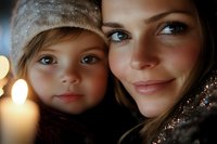 Caucasian mother and daughter share intimate moment in warm candlelight, creating magical holiday atmosphere with bokeh lights and winter accessories.
