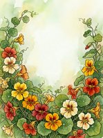 Watercolor nasturtium floral border with orange, yellow, and red blooms framing a soft green background, for cards and prints.
