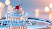 Creamy dessert topped with cherry on clear glass plate against soft bokeh background, elegant presentation for culinary photography.