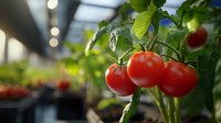 Fresh ripe red tomatoes growing on vine in greenhouse with blurred background. Organic farming of vegetables.