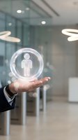 Businessman holding glowing holographic sphere with human icon symbol in modern office environment, representing digital transformation, recruitment, and personnel management solutions.