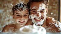 Joyful father and son bonding moment during bath time, covered in soap bubbles and foam, sharing genuine laughter and happiness in bathroom setting.
