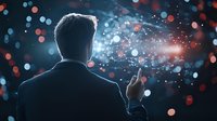 Silhouette of businessman interacting with glowing digital particles and bokeh lights against dark background, representing technology innovation and future.