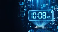 Futuristic holographic digital clock displaying 10:08 PM with glowing blue neon lights against dark tech background with circuit board patterns and data streams.