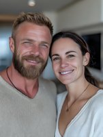 Happy Caucasian couple smiling together at home, middle-aged bearded man and young brunette woman embracing in casual clothing, relationship lifestyle portrait.