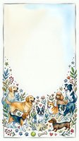 Watercolor frame with cute dogs, flowers, and paw prints, featuring golden retriever, corgi, poodle, and dachshund with copy space.