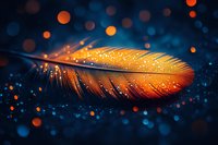 Glowing orange feather on dark background with magical bokeh lights and water drops creating dreamy atmosphere. Macro photography for artistic design.