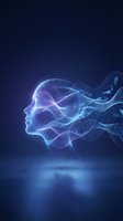 Glowing neon wireframe head profile with flowing digital waves and grid patterns on dark blue background, representing artificial intelligence, technology, and digital transformation concepts.