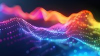 Vibrant abstract wave landscape with glowing particles and bokeh effects in rainbow colors against dark background, flowing motion creates dynamic energy pattern.