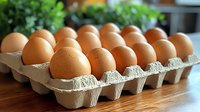 Fresh brown chicken eggs in cardboard carton on wooden table with green plants in background, natural food concept for healthy eating and cooking.