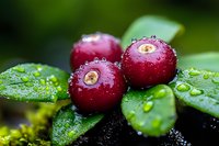 Fresh ripe cranberries with water drops on green leaves, macro shot showing natural moisture and texture in garden setting. Organic food photography.