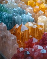 Colorful crystal formations in vibrant shades of blue, orange, yellow and red create abstract geometric patterns with translucent prismatic structures and natural mineral textures.