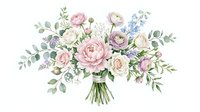 Watercolor wedding bouquet with pink peonies, roses, ranunculus, eucalyptus, and blue flowers, isolated on white background, ready for design use.