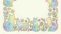 Watercolor cats and paw prints border frame with floral elements on cream background for greeting cards and pet-themed designs.