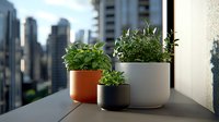 Fresh herbs and plants in modern planters on urban balcony ledge against city skyline background, showcasing contemporary container gardening and sustainable living.