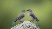Two colorful birds perched on branch facing each other in natural wildlife setting with soft green bokeh background for nature photography projects.