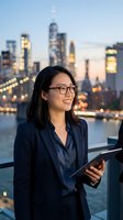 Professional Asian businesswoman with tablet overlooking city skyline at dusk, urban corporate lifestyle and technology concept for modern workplace success.