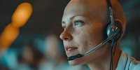Young female customer service representative with freckles wearing headset in call center, illuminated by soft ambient lighting during night shift.