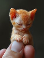Tiny newborn ginger kitten sleeping while being held on fingertip, showing delicate features and peaceful expression against dark background.