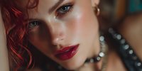 Close-up portrait of young woman with red curly hair and bold red lipstick wearing black pearl necklace against blurred background for beauty concepts.
