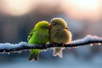 Two small parakeet chicks huddled together on snowy branch at sunset, displaying affection with gentle touch of beaks against blurred winter background.