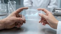Two hands holding transparent glass slide with data visualization chart in modern laboratory setting for scientific research and analysis.