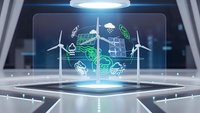 Futuristic holographic display showcasing renewable energy icons including wind turbines, solar panels, and green technology symbols in modern digital interface.