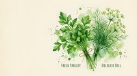 Watercolor fresh parsley and delicate dill herb bouquet tied with twine, green botanical illustration on light background.