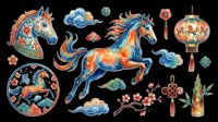Colorful Asian-inspired horse and decorative elements isolated on transparent background. Ready for t-shirt design, clipart, stickers, sublimation, print-on-demand products and digital crafts.