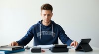 Young man, Caucasian ethnicity, student or professional, wearing navy blue hoodie, sitting at desk with tablet and books, studying or working on digital project, isolated on white background.