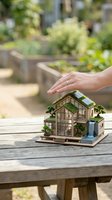 Hand protecting miniature eco-friendly house model with solar panels and green plants on wooden table outdoors for sustainable living concept.
