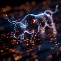 Glowing digital bull figure with circuit patterns over dark background with light effects, representing financial technology and stock market trends in modern design.