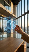 Businesswoman hand touching futuristic holographic interface with AI technology in modern office workspace for digital transformation concepts.