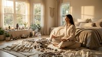 Young Asian woman in beige robe practicing morning meditation on bed in sunlit bedroom with plants and neutral decor creating peaceful wellness atmosphere.