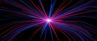 Radiant light rays burst outward in vibrant blue and red neon streaks from a glowing center point against a dark background, creating a dynamic energy effect.