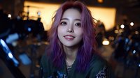 Young Asian woman with vibrant purple hair smiling at night, wearing casual dark clothing against blurred city lights background. Natural candid portrait in urban setting.