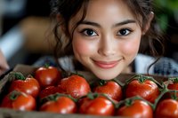 Young Asian woman smiling warmly while leaning over fresh ripe red tomatoes on vine, close up portrait with soft natural lighting and shallow depth of field.